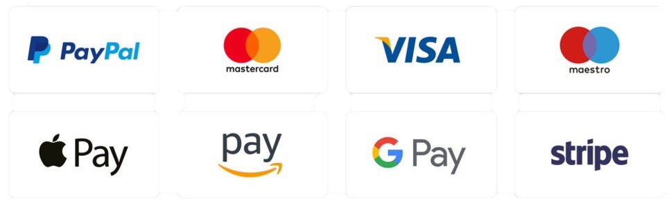 Accepted payment methods: PayPal, Mastercard, Visa, Maestro, Apple Pay, Amazon Pay, Google Pay, Stripe