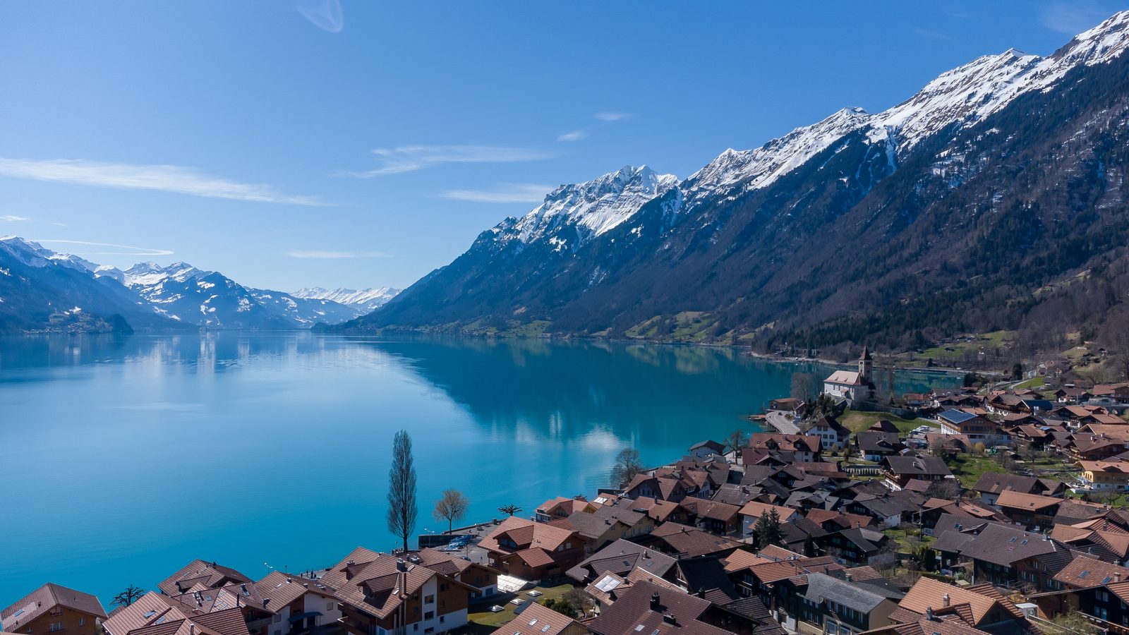 Lakeside village and mountains in Switzerland