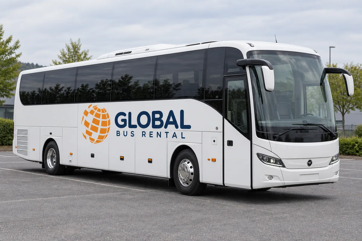 White touring coach with the Global Bus Rental orange globe and royal navy branding