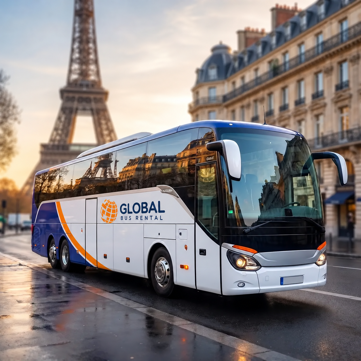 Coach illustration in Paris with Global Bus Rental branding
